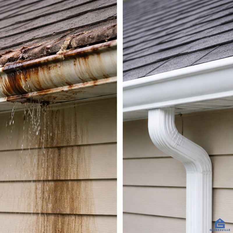 Rusty leaking sectional gutter versus new seamless gutter installation Gainesville FL